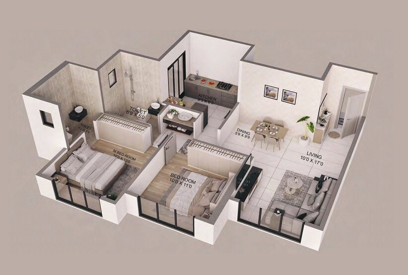 Floor plan of 2 BHK 702 Sq. Ft. Apartment in Nilkanth Wisteria, Navi Mumbai