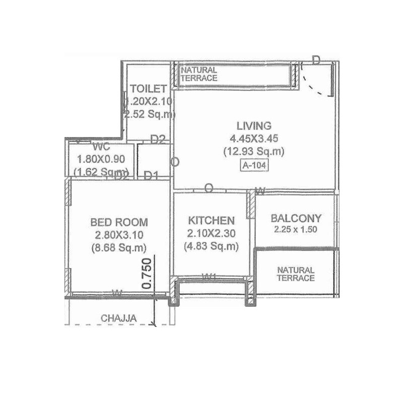 Floor plan of 1 BHK 388 Sq. Ft. Apartment in Nirvana Utsav Residency, Navi Mumbai
