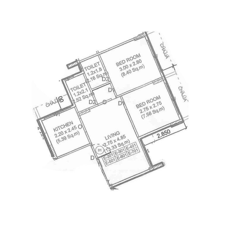 Floor plan of 2 BHK 454 Sq. Ft. Apartment in Nirvana Utsav Residency, Navi Mumbai