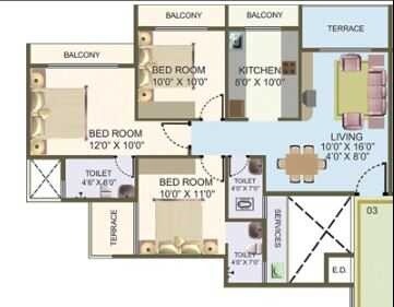 Floor plan of 3 BHK 1370 Sq. Ft. Apartment in Nisarg Hyde Park, Navi Mumbai