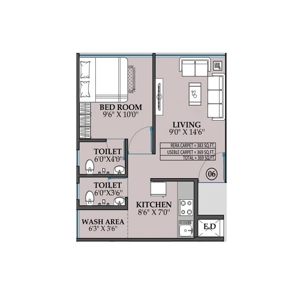 Floor plan of 1 BHK 323 Sq. Ft. Apartment in Nitya Heights, Navi Mumbai