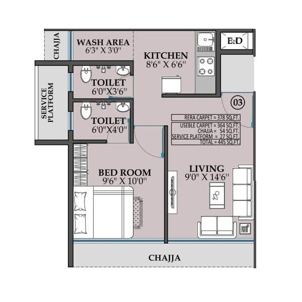 Floor plan of 1 BHK 383 Sq. Ft. Apartment in Nitya Heights, Navi Mumbai