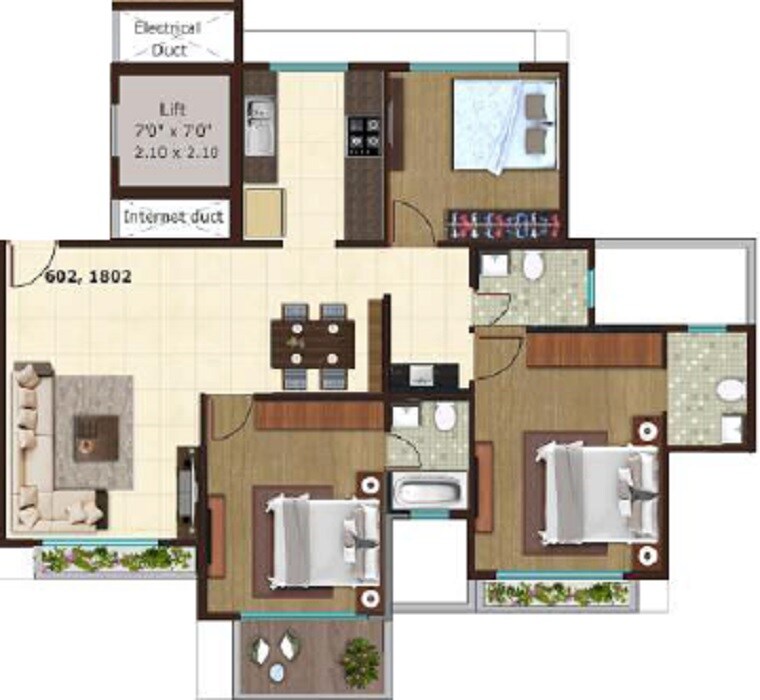 Floor plan of 3 BHK 1023 Sq. Ft. Apartment in Nivasti Avisaa, Navi Mumbai