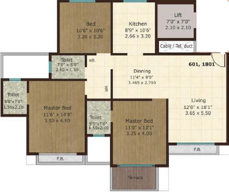Floor plan of 3 BHK 850 Sq. Ft. Apartment in Nivasti Avisaa, Navi Mumbai