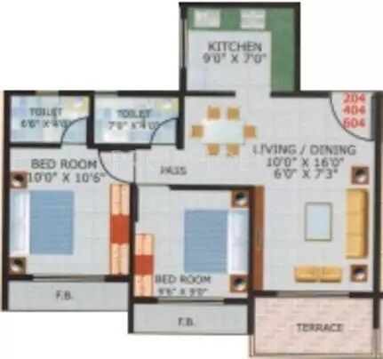 Floor plan of 2 BHK 1055 Sq. Ft. Apartment in Nms Moreshwar Darshan, Navi Mumbai