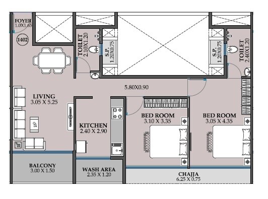 Floor plan of 2 BHK 657 Sq. Ft. Apartment in NMS One 27, Navi Mumbai