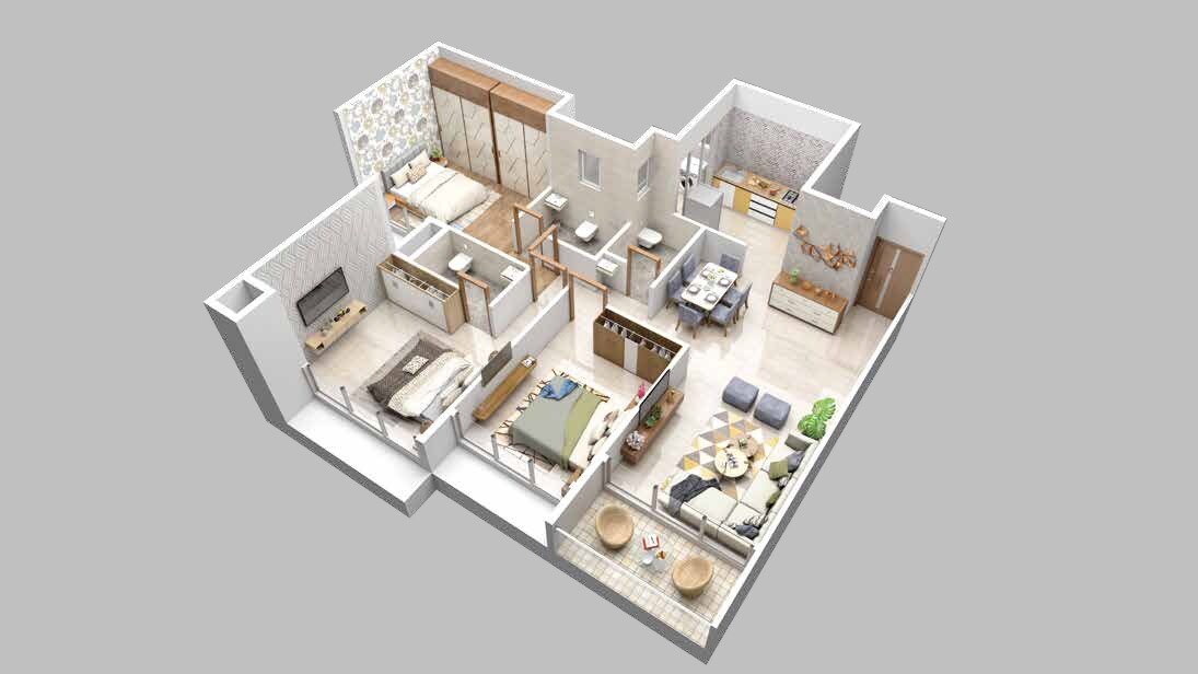 Floor plan of 3 BHK 848 Sq. Ft. Apartment in NMS One 27, Navi Mumbai