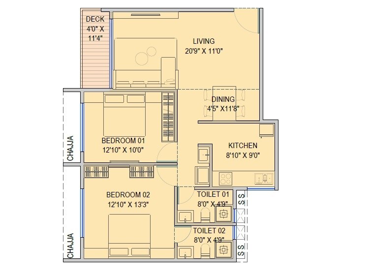 Floor plan of 2 BHK 811 Sq. Ft. Apartment in NMS Palm Amore, Navi Mumbai