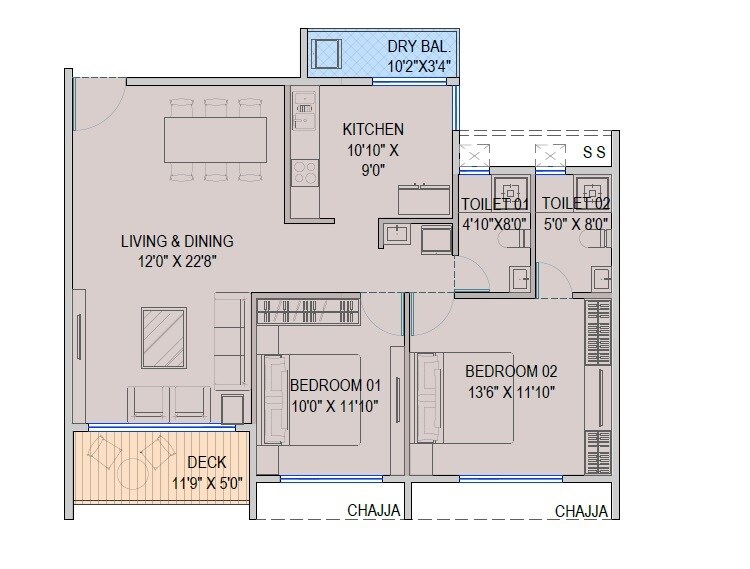 Floor plan of 2 BHK 850 Sq. Ft. Apartment in NMS Palm Amore, Navi Mumbai
