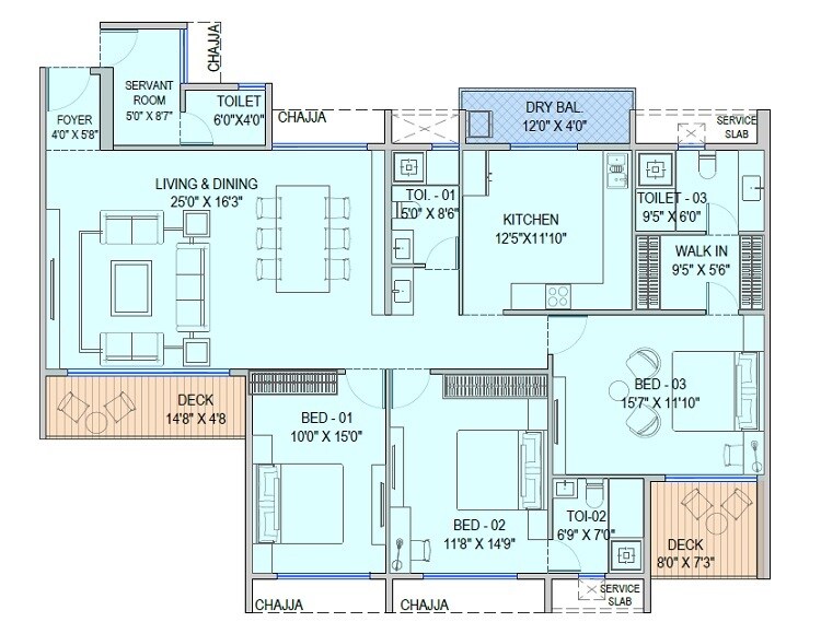 Floor plan of 3 BHK 1150 Sq. Ft. Apartment in NMS Palm Amore, Navi Mumbai