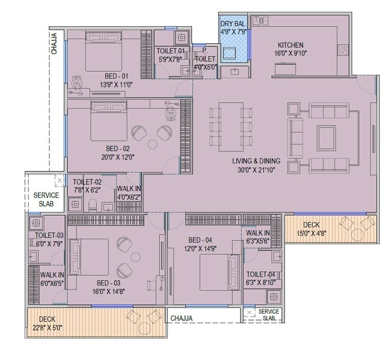 Floor plan of 4 BHK 1527 Sq. Ft. Apartment in NMS Palm Amore, Navi Mumbai