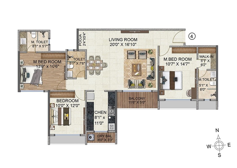 Floor plan of 3 BHK 1230 Sq. Ft. Apartment in Nova 10 Elegance, Navi Mumbai