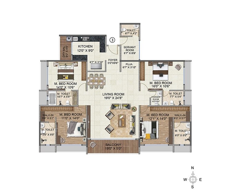 Floor plan of 3 BHK 1102 Sq. Ft. Apartment in Nova 10 Elegance, Navi Mumbai