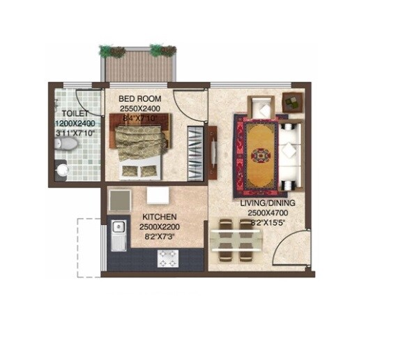 Floor plan of 1 BHK 309 Sq. Ft. Apartment in NRDL Viviana, Navi Mumbai