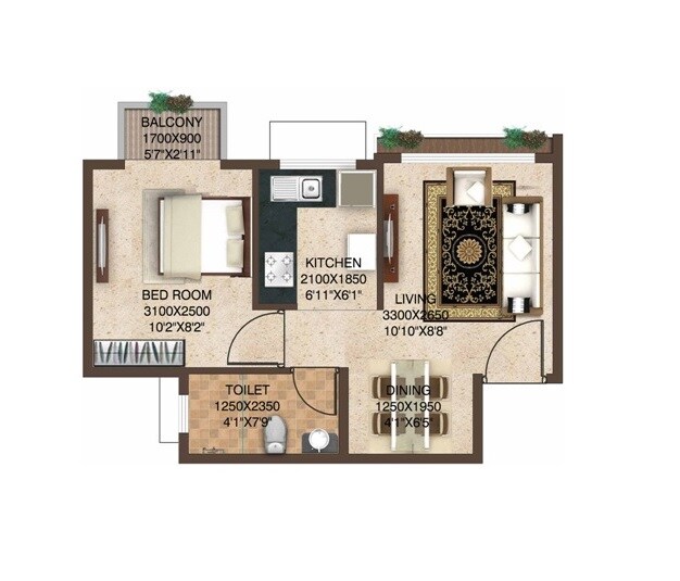 Floor plan of 1 BHK 401 Sq. Ft. Apartment in NRDL Viviana, Navi Mumbai