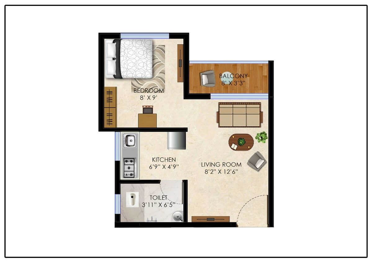 Floor plan of 1 BHK 265 Sq. Ft. Apartment in Olympeo Neo City, Navi Mumbai