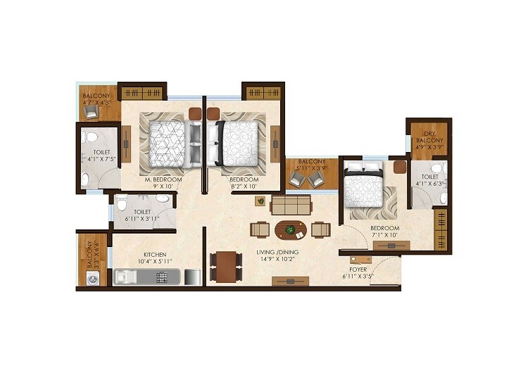 Floor plan of 3 BHK 698 Sq. Ft. Apartment in Olympeo Riverside, Navi Mumbai