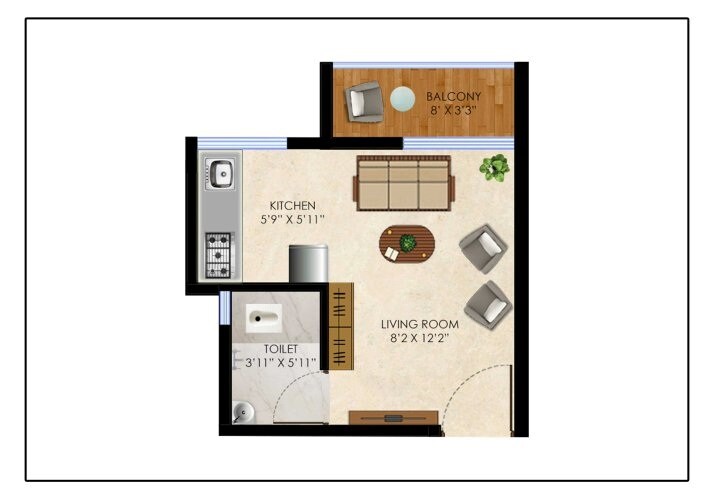 Floor plan of 235 Sq. Ft. Studio in Olympeo Riverside, Navi Mumbai