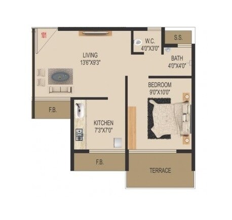 Floor plan of 1 BHK 292 Sq. Ft. Apartment in Om Aagman, Navi Mumbai