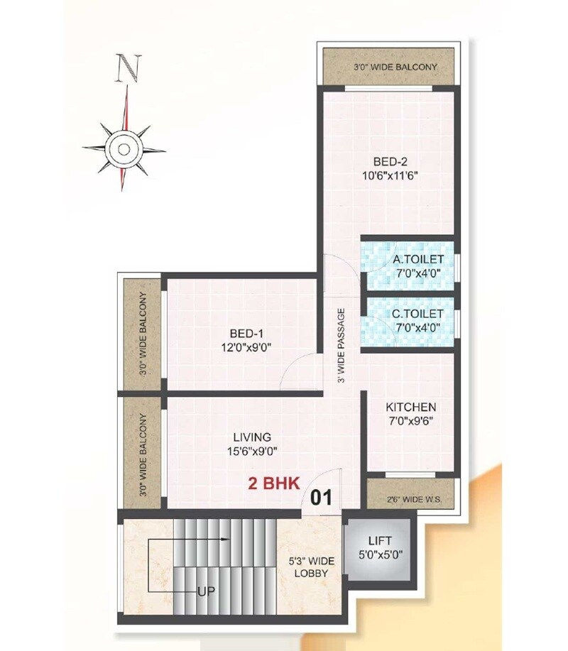 Floor plan of 2 BHK 665 Sq. Ft. Apartment in Om Hill Garden, Navi Mumbai