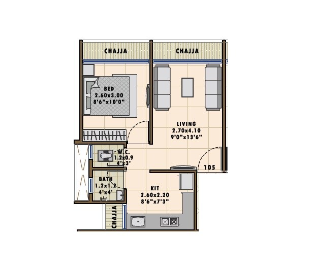 Floor plan of 1 BHK 319 Sq. Ft. Apartment in Om Jay Vitthal Complex, Navi Mumbai
