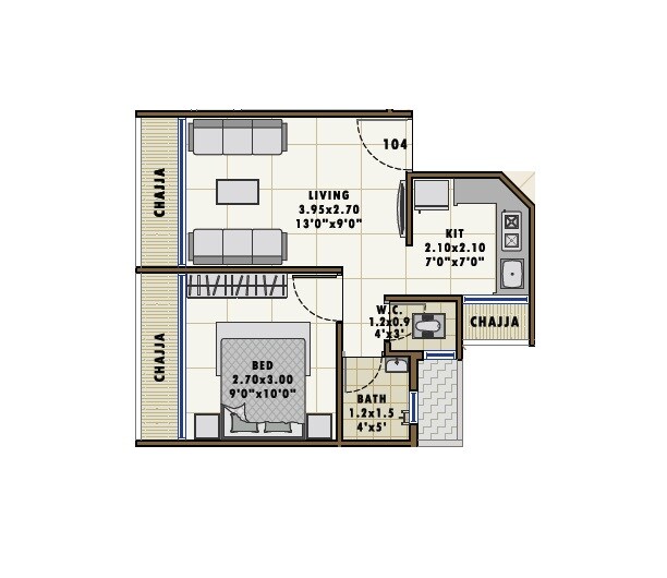 Floor plan of 1 BHK 354 Sq. Ft. Apartment in Om Jay Vitthal Complex, Navi Mumbai