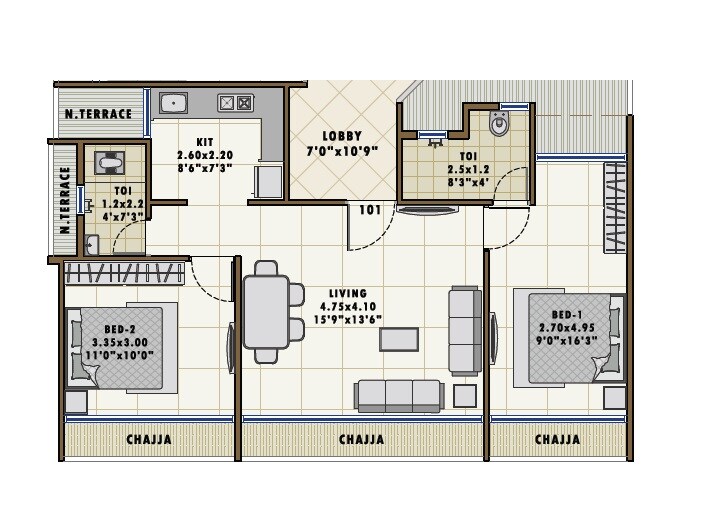 Floor plan of 2 BHK 550 Sq. Ft. Apartment in Om Jay Vitthal Complex, Navi Mumbai