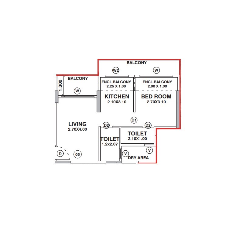 Floor plan of 1 BHK 415 Sq. Ft. Apartment in Om Sai Dham, Navi Mumbai