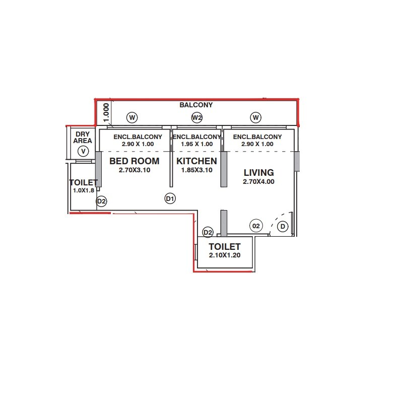 Floor plan of 1 BHK 432 Sq. Ft. Apartment in Om Sai Dham, Navi Mumbai