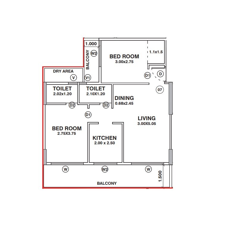 Floor plan of 2 BHK 660 Sq. Ft. Apartment in Om Sai Dham, Navi Mumbai