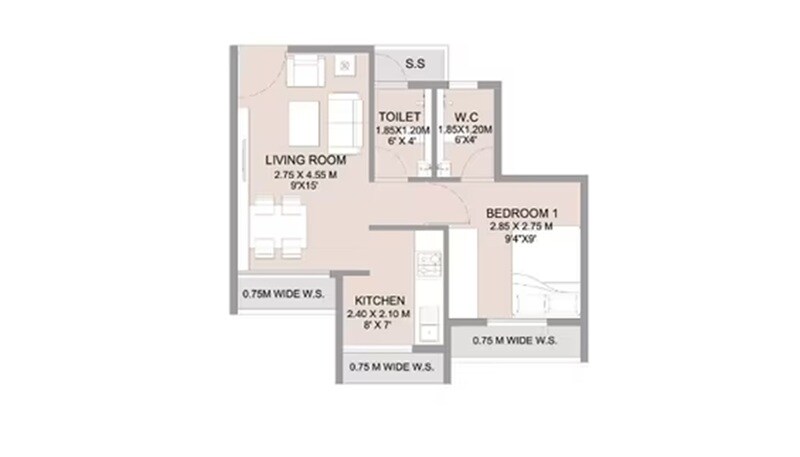 Floor plan of 1 BHK 330 Sq. Ft. Apartment in Om Sai Leela Shedung, Navi Mumbai