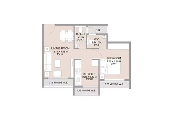 Floor plan of 1 BHK 399 Sq. Ft. Apartment in Om Sai Leela Shedung, Navi Mumbai