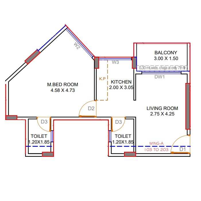 Floor plan of 1 BHK 401 Sq. Ft. Apartment in Om Sai Majesty, Navi Mumbai
