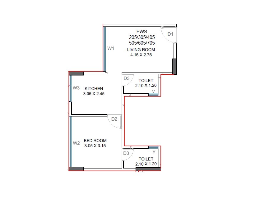 Floor plan of 1 BHK Apartment - 372 sq. ft. in Om Sai Nilay, Navi Mumbai