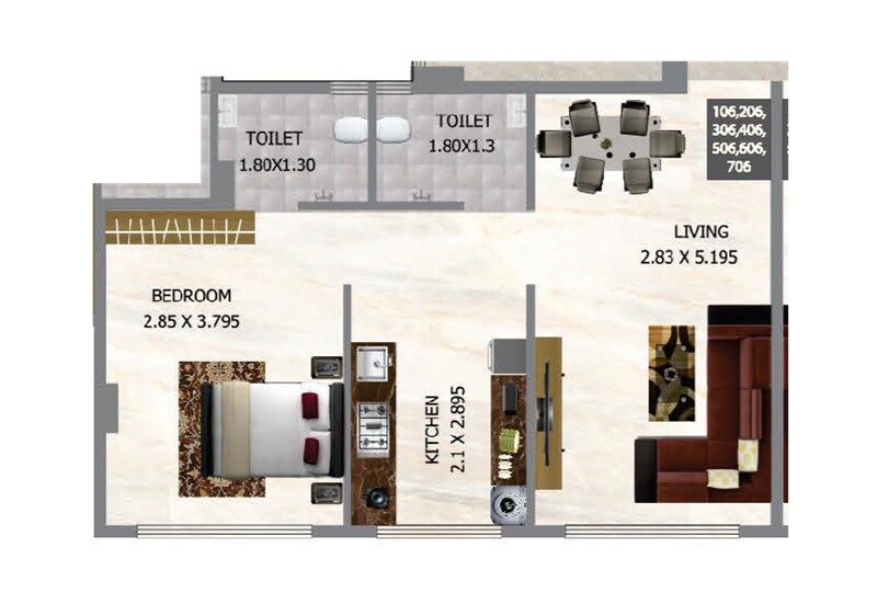 Floor plan of 1 BHK 437 Sq. Ft. Apartment in Om Sai Sarvamangala Residency, Navi Mumbai