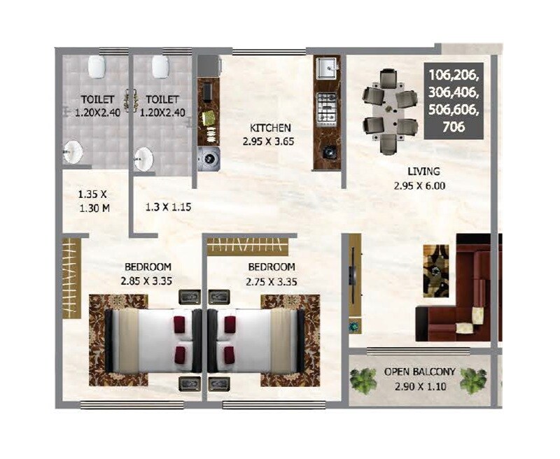 Floor plan of 2 BHK 536 Sq. Ft. Apartment in Om Sai Sarvamangala Residency, Navi Mumbai