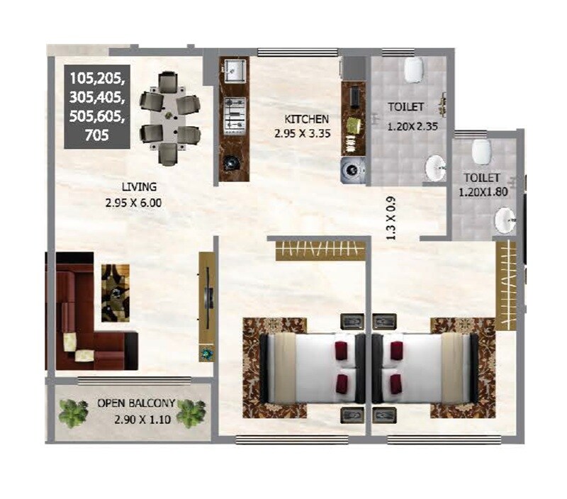 Floor plan of 2 BHK 581 Sq. Ft. Apartment in Om Sai Sarvamangala Residency, Navi Mumbai