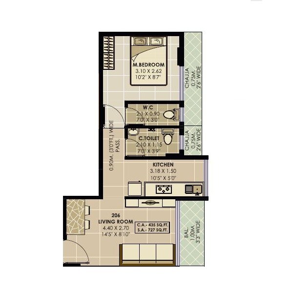 Floor plan of 1 BHK 435 Sq. Ft. Apartment in Om Sai Vaastu, Navi Mumbai