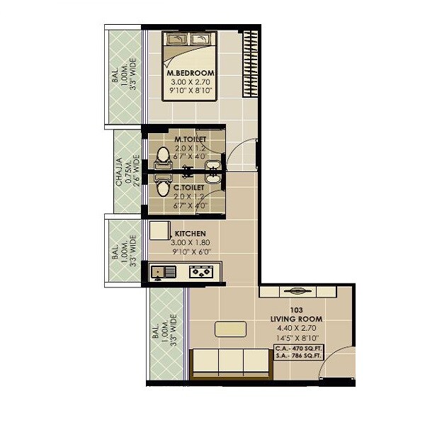 Floor plan of 1 BHK 470 Sq. Ft. Apartment in Om Sai Vaastu, Navi Mumbai
