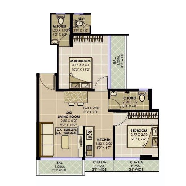 Floor plan of 2 BHK 601 Sq. Ft. Apartment in Om Sai Vaastu, Navi Mumbai