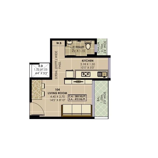 Floor plan of 283 Sq. Ft. Studio in Om Sai Vaastu, Navi Mumbai