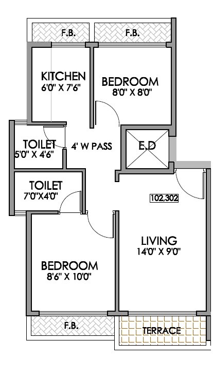 Floor plan of 2 BHK 527 Sq. Ft. Apartment in Om Shakti Shiv Sai Apartments, Navi Mumbai
