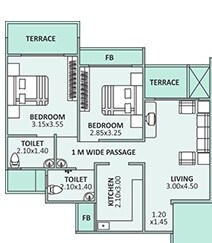 Floor plan of 2 BHK 591 Sq. Ft. Apartment in Om Shivam Apartments, Navi Mumbai