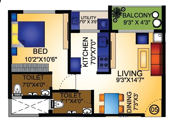 Floor plan of 1 BHK 336 Sq. Ft. Apartment in Om Vaastu Residency, Navi Mumbai