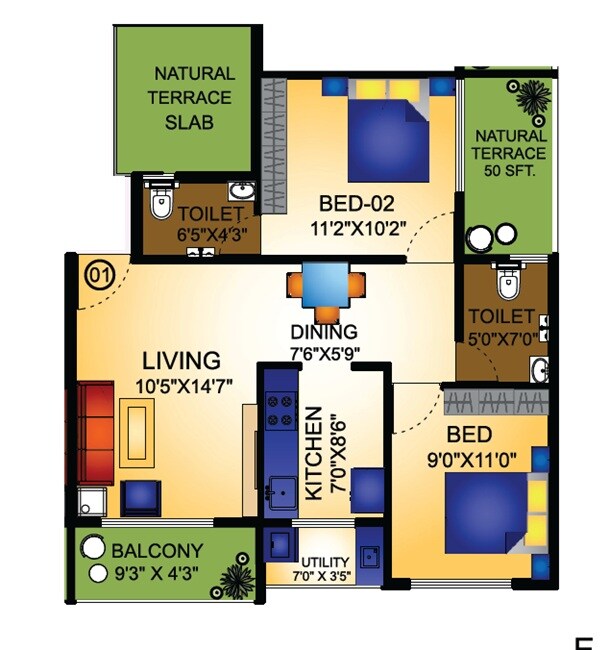 Floor plan of 2 BHK 557 Sq. Ft. Apartment in Om Vaastu Residency, Navi Mumbai