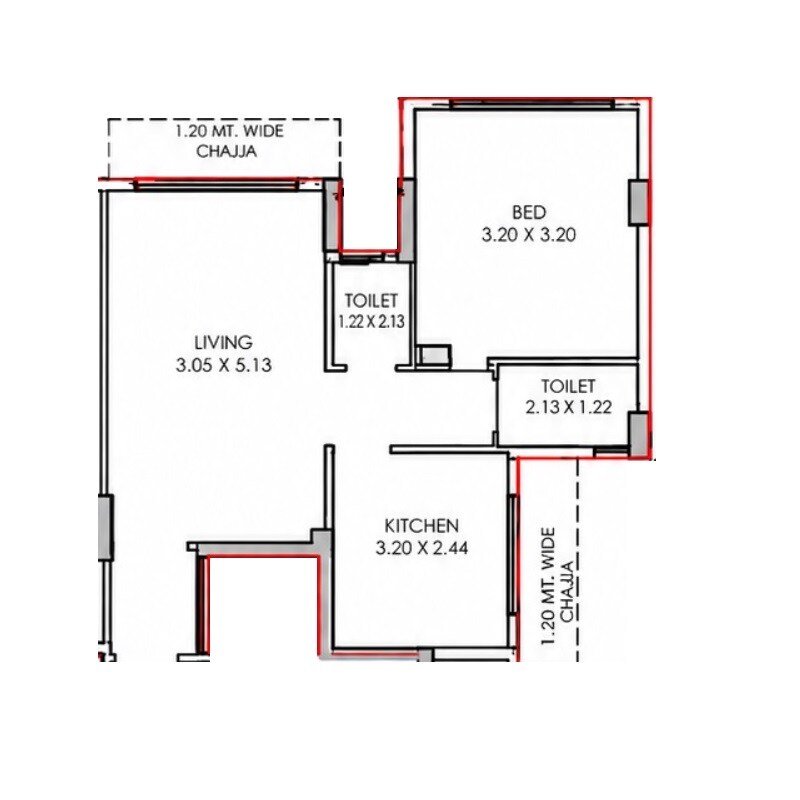 Floor plan of 1 BHK 377 Sq. Ft. Apartment in Om Vista, Navi Mumbai