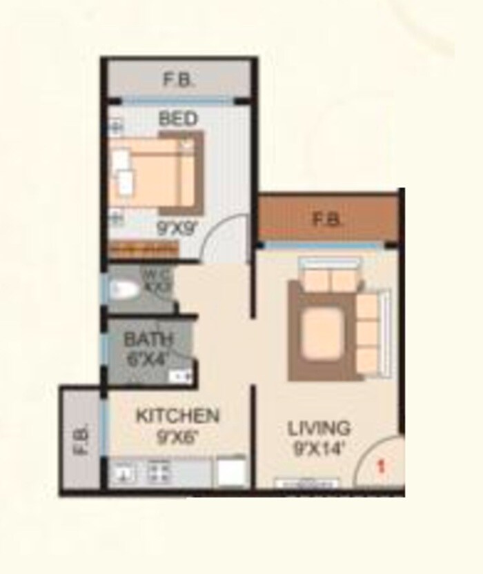 Floor plan of 1 BHK 308 Sq. Ft. Apartment in Omega Plaza, Navi Mumbai