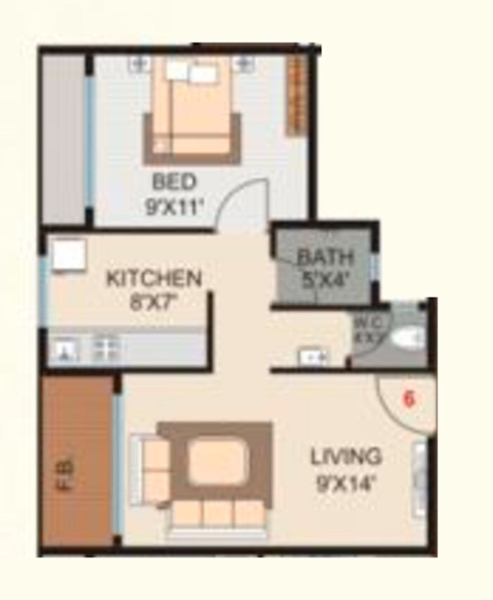 Floor plan of 1 BHK 322 Sq. Ft. Apartment in Omega Plaza, Navi Mumbai