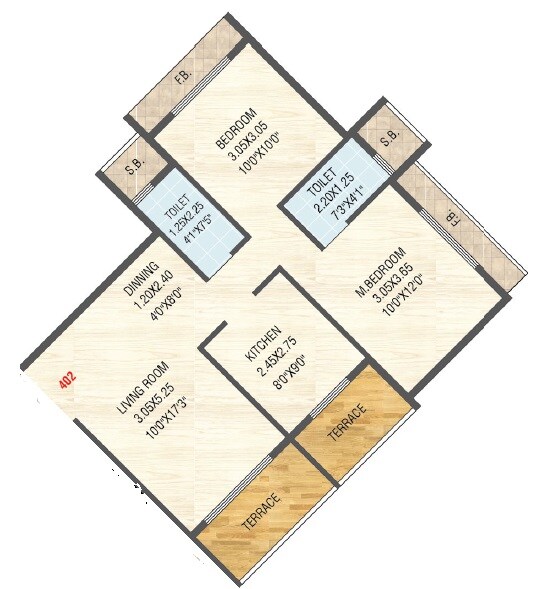 Floor plan of 2 BHK 762 Sq. Ft. Apartment in Omkar Planet, Navi Mumbai
