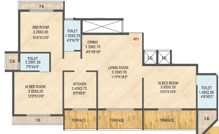Floor plan of 3 BHK 1059 Sq. Ft. Apartment in Omkar Planet, Navi Mumbai